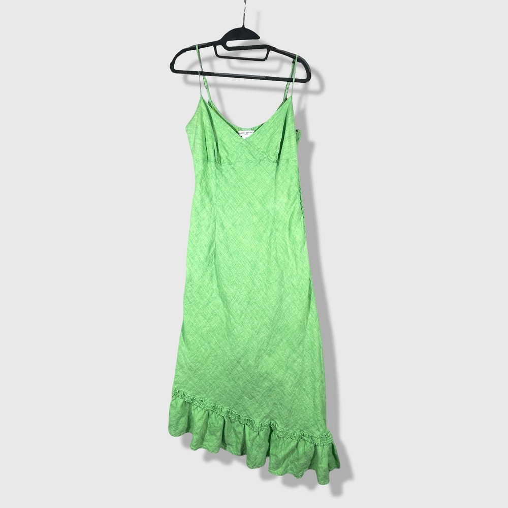 Banana Republic Linen Midi Dress Womens 12 Green Asymmetrical Ruffle Summer Boho